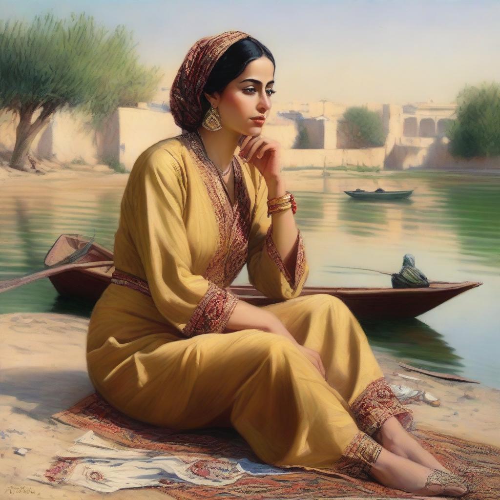 A high-quality art painting depicting a captivating Arab woman in her thirties