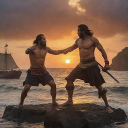 A dramatic depiction of a one-on-one duel between Ferdinand Magellan and Datu Lapu Lapu, swords crossed under the fiery Mactan sunset. Their intense expressions and dynamic postures highlight the desperation and courage that mark this historic combat.