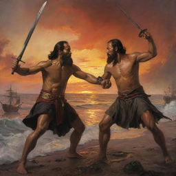 A dramatic depiction of a one-on-one duel between Ferdinand Magellan and Datu Lapu Lapu, swords crossed under the fiery Mactan sunset. Their intense expressions and dynamic postures highlight the desperation and courage that mark this historic combat.