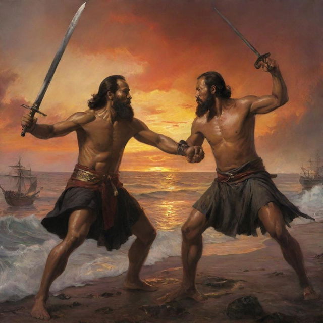 A dramatic depiction of a one-on-one duel between Ferdinand Magellan and Datu Lapu Lapu, swords crossed under the fiery Mactan sunset. Their intense expressions and dynamic postures highlight the desperation and courage that mark this historic combat.