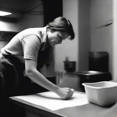 As the character anxiously waits in the darkroom, they quickly transfer the print from the developer to the stop bath, letting out a sigh of relief.