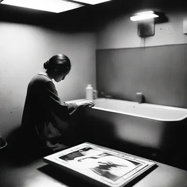As the character anxiously waits in the darkroom, they quickly transfer the print from the developer to the stop bath, letting out a sigh of relief.
