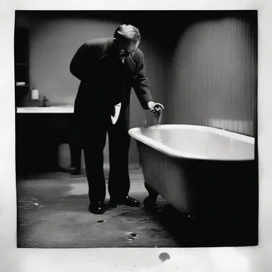 In the climactic scene, the detective urgently rushes to the darkroom, dripping the photograph into the stop bath to reveal the crucial evidence.
