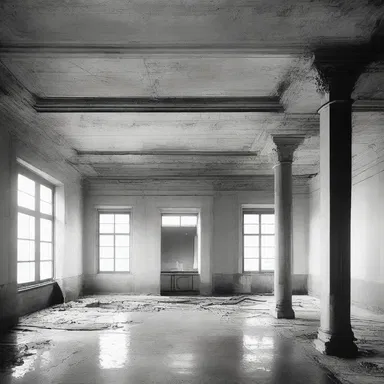 The black-and-white photographs of the building capture its raw beauty, preserved by the stop bath during the developing process.