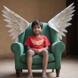 A young boy named Dinesh sitting comfortably in a chair, with majestic wings sprouting from his back.