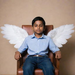 A young boy named Dinesh sitting comfortably in a chair, with majestic wings sprouting from his back.