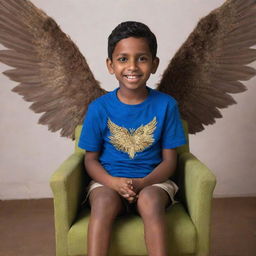 A young boy named Dinesh sitting comfortably in a chair, with majestic wings sprouting from his back.