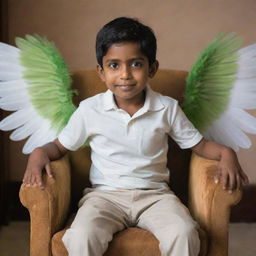 A young boy named Dinesh sitting comfortably in a chair, with majestic wings sprouting from his back.