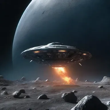 In the futuristic science fiction film, the spaceship wends its way through asteroid fields to escape from alien invaders.