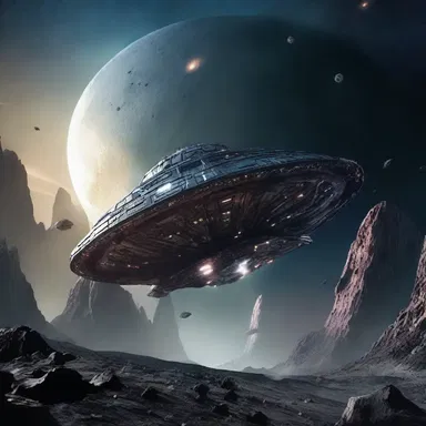 In the futuristic science fiction film, the spaceship wends its way through asteroid fields to escape from alien invaders.
