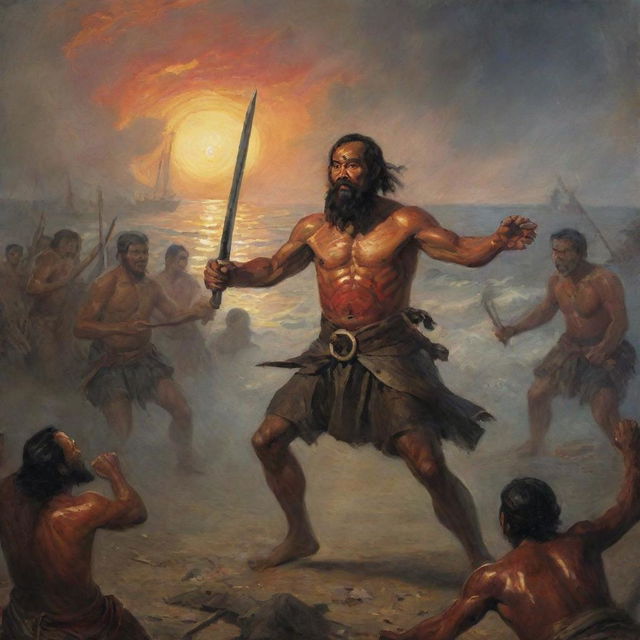 Invoking a scene of extreme ferocity: Ferdinand Magellan locked in a bloody combat with the tattooed Datu Lapu Lapu amidst the Battle of Mactan. Dramatize the violent encounter with the setting sun casting long, eerie shadows on the battlefield.