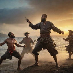 Invoking a scene of extreme ferocity: Ferdinand Magellan locked in a bloody combat with the tattooed Datu Lapu Lapu amidst the Battle of Mactan. Dramatize the violent encounter with the setting sun casting long, eerie shadows on the battlefield.