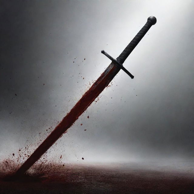 A graphic image of a sword slashing through the air, trailed by a stark spatter of blood. The sword is caught in the middle of a swift, powerful motion, its steel blade reflecting the harsh light of the battlefield.