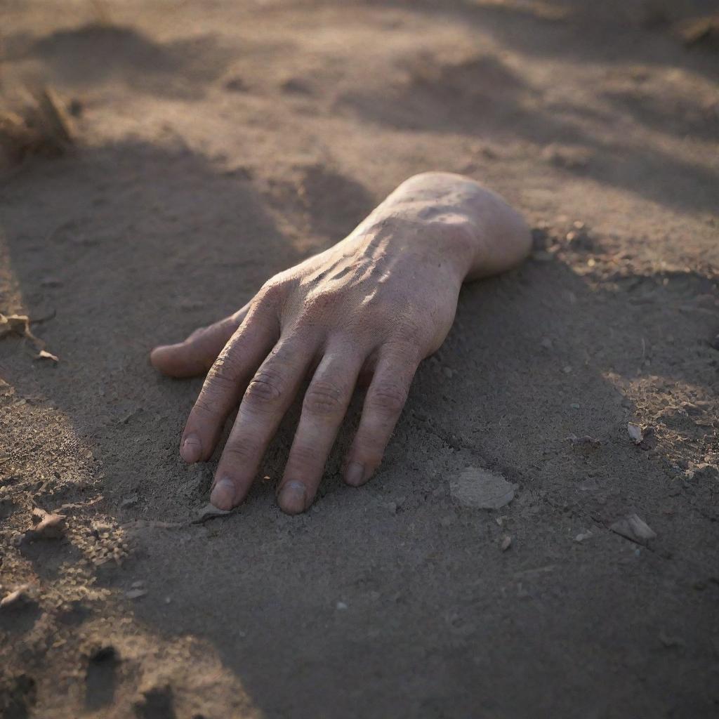 A close-up image of a lifeless hand lying on the battle-torn ground, its stillness a poignant symbol of the fallen. The setting sun's stark, chilling light casts long shadows, adding gravity to the grim scene.