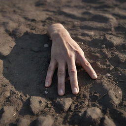 A close-up image of a lifeless hand lying on the battle-torn ground, its stillness a poignant symbol of the fallen. The setting sun's stark, chilling light casts long shadows, adding gravity to the grim scene.