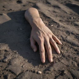 A close-up image of a lifeless hand lying on the battle-torn ground, its stillness a poignant symbol of the fallen. The setting sun's stark, chilling light casts long shadows, adding gravity to the grim scene.