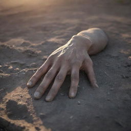 A close-up image of a lifeless hand lying on the battle-torn ground, its stillness a poignant symbol of the fallen. The setting sun's stark, chilling light casts long shadows, adding gravity to the grim scene.