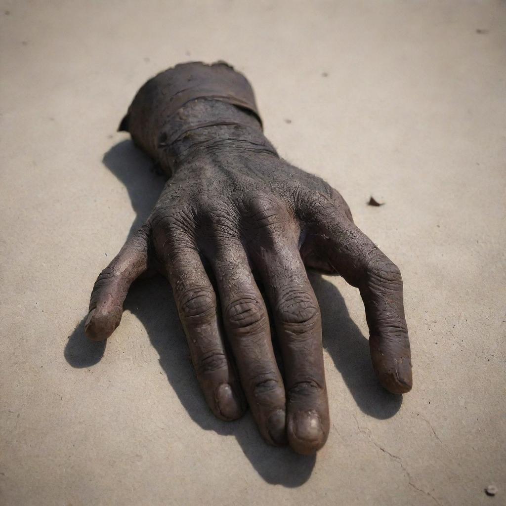 A powerful close-up of a fallen warrior's palm-up hand laying lifelessly on the gritty battlefield. Isolated in its pose, it silently conveys the mortality of war. The stark shadows and dwindling light of the battlefield add to the poignant atmosphere.