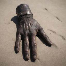 A powerful close-up of a fallen warrior's palm-up hand laying lifelessly on the gritty battlefield. Isolated in its pose, it silently conveys the mortality of war. The stark shadows and dwindling light of the battlefield add to the poignant atmosphere.