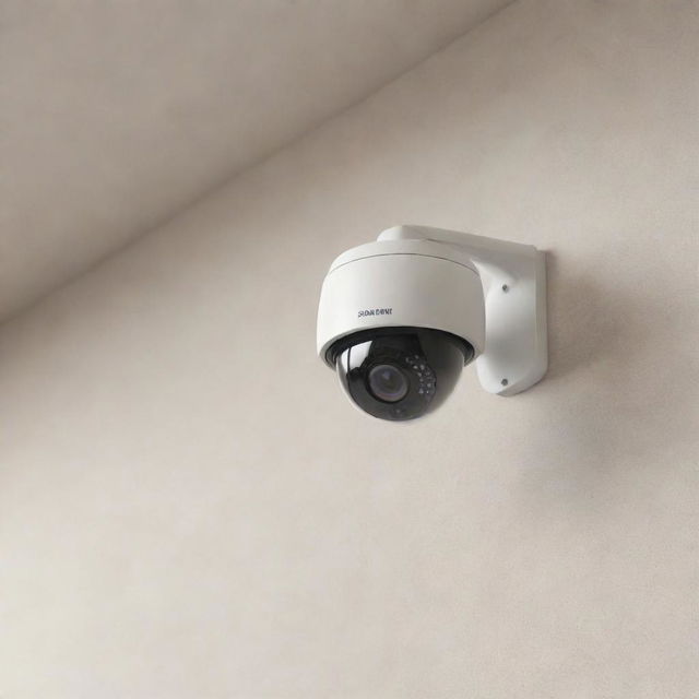 A highly detailed and realistic rendering of a modern security camera mounted on a clean, neutral-colored wall