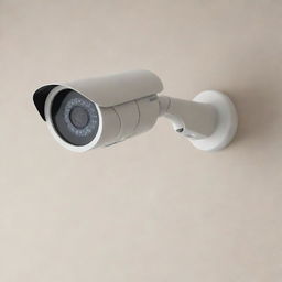 A highly detailed and realistic rendering of a modern security camera mounted on a clean, neutral-colored wall