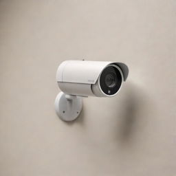 A highly detailed and realistic rendering of a modern security camera mounted on a clean, neutral-colored wall