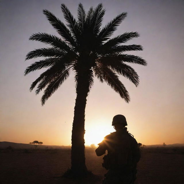 A striking image of a blood-stained palm rests lifelessly on the battlefield, it's open pose symbolizing a soldier's ultimate sacrifice in the face of unyielding conflict. The grim silhouette is illuminated by the dying light, underscoring the harsh reality of warfare.