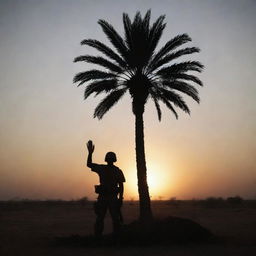 A striking image of a blood-stained palm rests lifelessly on the battlefield, it's open pose symbolizing a soldier's ultimate sacrifice in the face of unyielding conflict. The grim silhouette is illuminated by the dying light, underscoring the harsh reality of warfare.