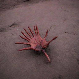 A detailed shot of a blood-soaked palm lying ominously on the battlefield ground. The chilling contrast of bright blood against the rugged terrain under the harsh, unflattering light of the battle-scarred dusk paints a compelling anecdote of war's brutality.