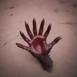 A detailed shot of a blood-soaked palm lying ominously on the battlefield ground. The chilling contrast of bright blood against the rugged terrain under the harsh, unflattering light of the battle-scarred dusk paints a compelling anecdote of war's brutality.