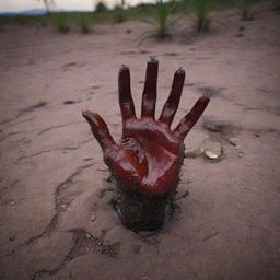 A detailed shot of a blood-soaked palm lying ominously on the battlefield ground. The chilling contrast of bright blood against the rugged terrain under the harsh, unflattering light of the battle-scarred dusk paints a compelling anecdote of war's brutality.