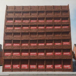 A detailed painting of a building constructed from KitKat chocolate bars.