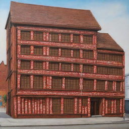 A detailed painting of a building constructed from KitKat chocolate bars.