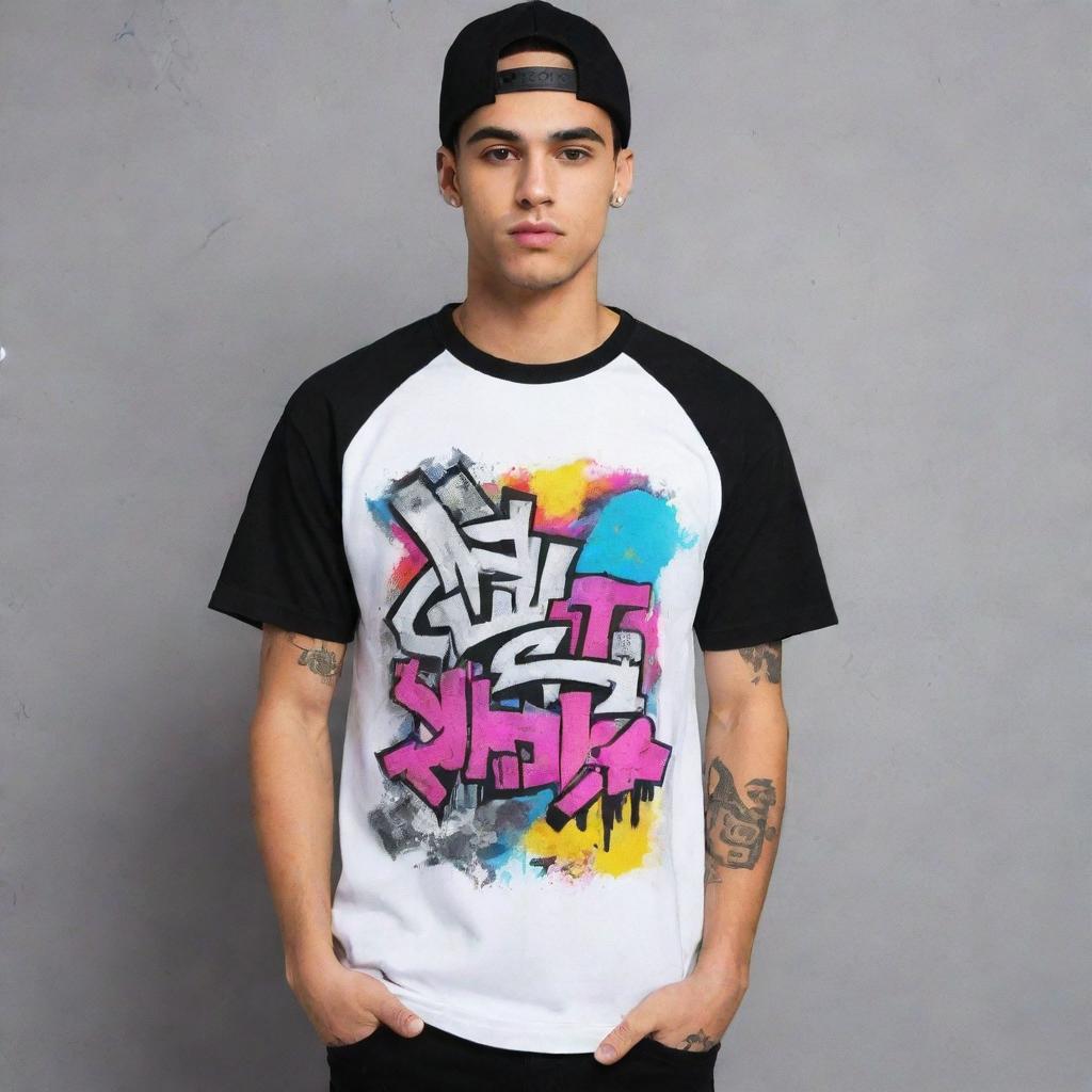 Create a design for a streetwear t-shirt, incorporating elements of urban culture, graffiti, and contemporary aesthetic, all in a trendy and fashionable design.