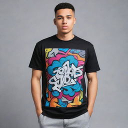 Create a design for a streetwear t-shirt, incorporating elements of urban culture, graffiti, and contemporary aesthetic, all in a trendy and fashionable design.