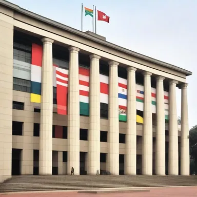 The patriotic design of the government building featured a prominent display of the national flag.
