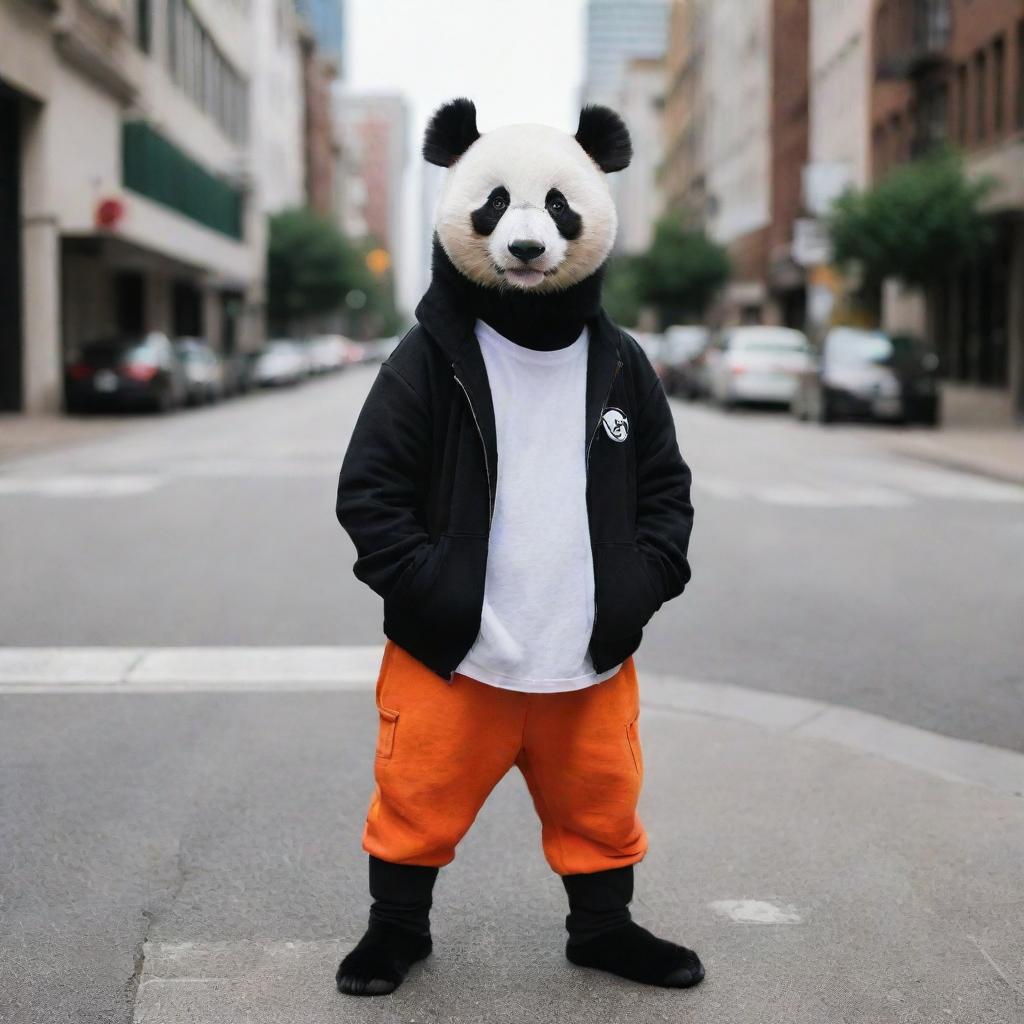 A hip urban panda sporting stylishly edgy streetwear, striking a pose on a city sidewalk.