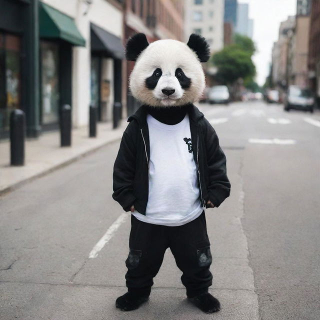 A hip urban panda sporting stylishly edgy streetwear, striking a pose on a city sidewalk.