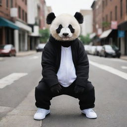 A hip urban panda sporting stylishly edgy streetwear, striking a pose on a city sidewalk.