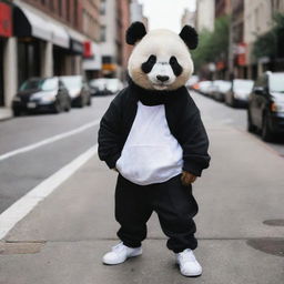 A hip urban panda sporting stylishly edgy streetwear, striking a pose on a city sidewalk.