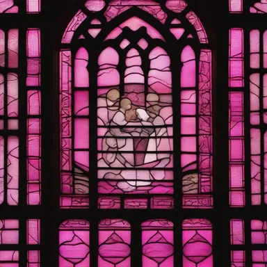 The stained glass window in the church was adorned with deep-pink hues, representing love and compassion.