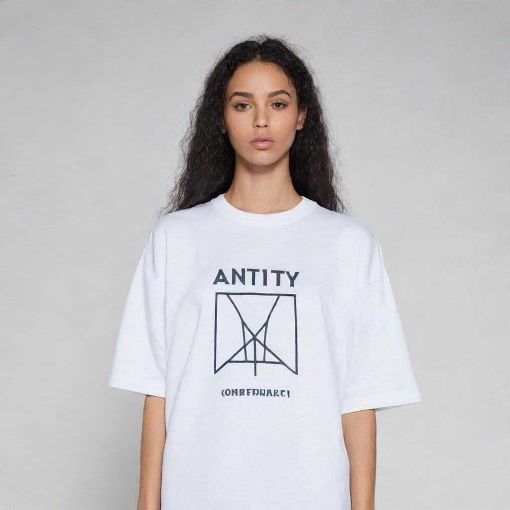 Design a stylish, oversized t-shirt for the streetwear brand 'AntiTypical', reflecting trends of 2024. Incorporate the brand signature, urban influences and a futuristic appeal.