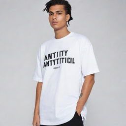 Design a stylish, oversized t-shirt for the streetwear brand 'AntiTypical', reflecting trends of 2024. Incorporate the brand signature, urban influences and a futuristic appeal.