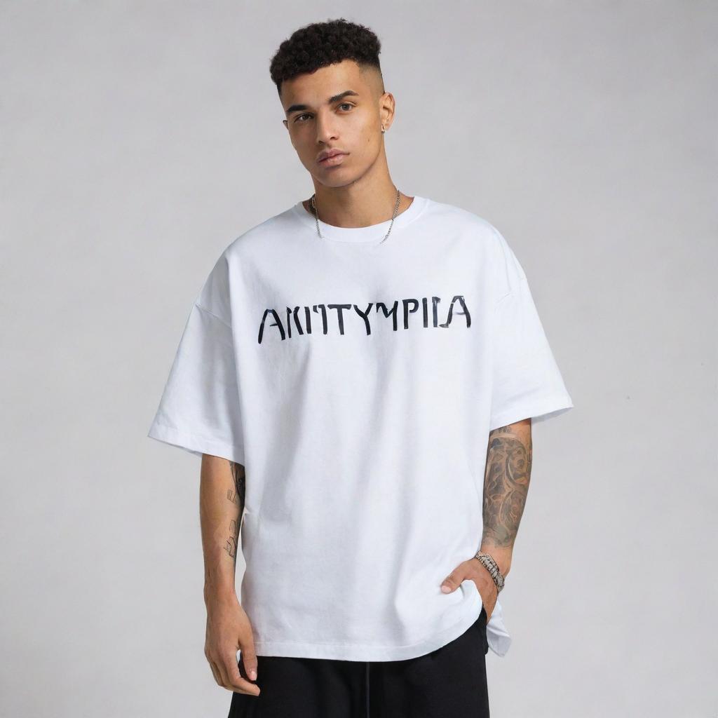 Design a stylish, oversized t-shirt for the streetwear brand 'AntiTypical', reflecting trends of 2024. Incorporate the brand signature, urban influences and a futuristic appeal.