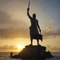 A historic scene from the Battle of Mactan: Datu Lapu Lapu, triumphant, standing over a defeated Ferdinand Magellan. The fading sun of Mactan Island illuminates the power shift, casting shadows on Magellan and a heroic glow on Lapu Lapu.