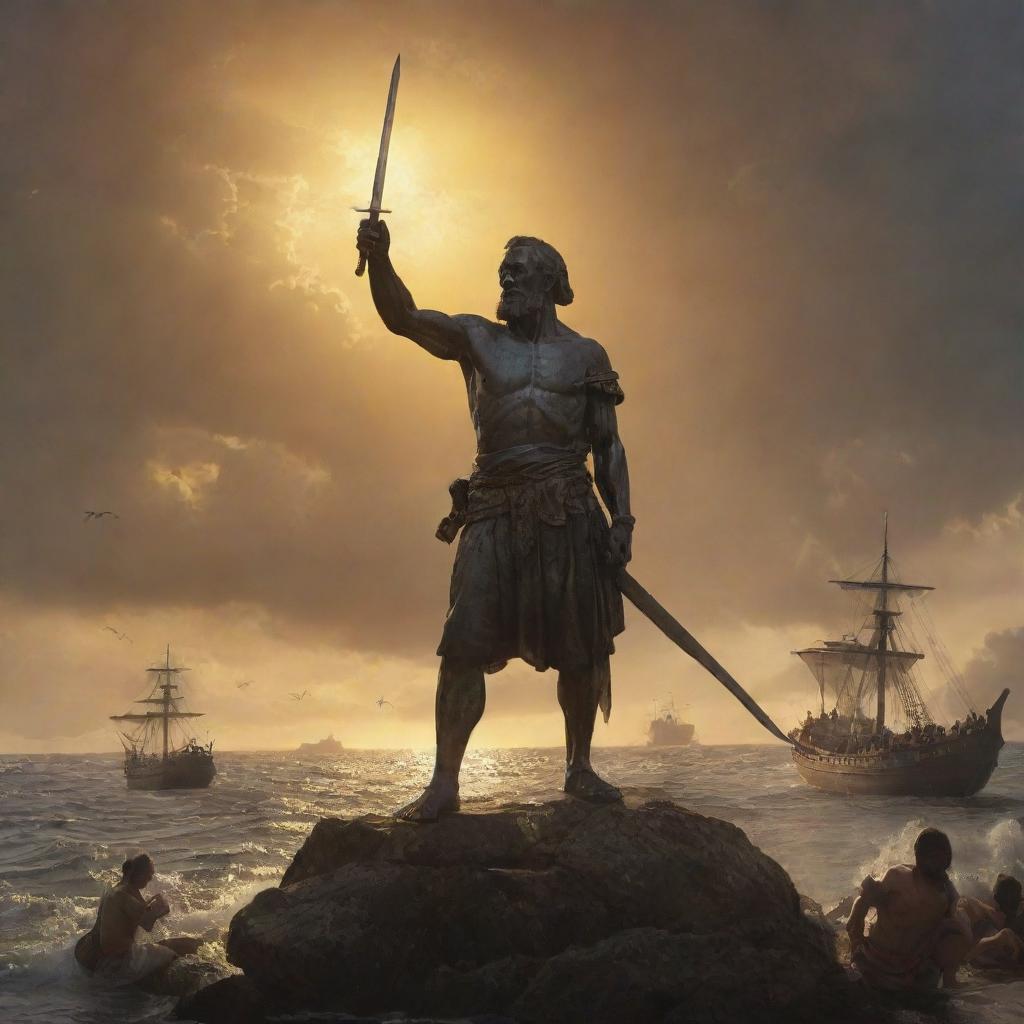 A historic scene from the Battle of Mactan: Datu Lapu Lapu, triumphant, standing over a defeated Ferdinand Magellan. The fading sun of Mactan Island illuminates the power shift, casting shadows on Magellan and a heroic glow on Lapu Lapu.