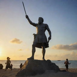 A historic scene from the Battle of Mactan: Datu Lapu Lapu, triumphant, standing over a defeated Ferdinand Magellan. The fading sun of Mactan Island illuminates the power shift, casting shadows on Magellan and a heroic glow on Lapu Lapu.