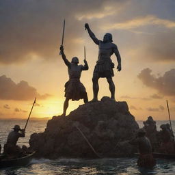 A historic scene from the Battle of Mactan: Datu Lapu Lapu, triumphant, standing over a defeated Ferdinand Magellan. The fading sun of Mactan Island illuminates the power shift, casting shadows on Magellan and a heroic glow on Lapu Lapu.