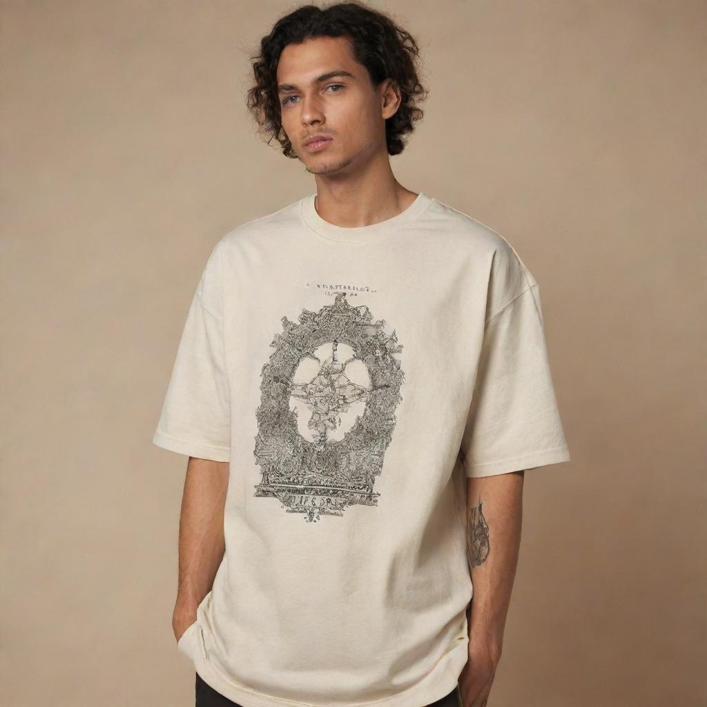 Create a stylish, beige, oversized t-shirt design for the brand 'AntiTypical', reflecting the trends of 2024. The t-shirt should have a unique design on the back and represent the ethos of the streetwear brand.