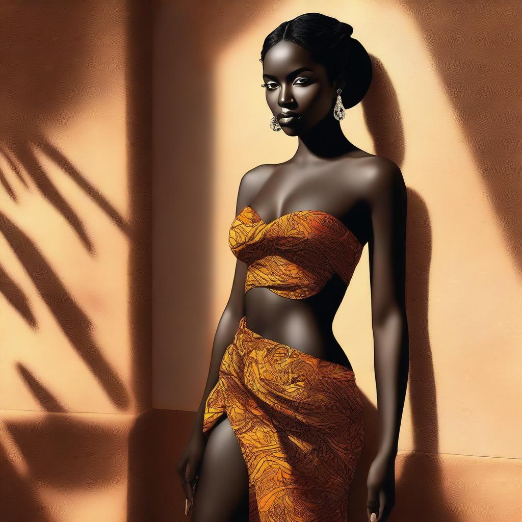 An elegant, high-resolution digital art piece features a beautiful dark-skinned woman